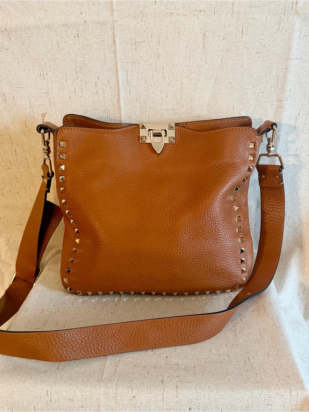 Valentino Garavani Tan Studded Pebbled Leather Shoulder Bag